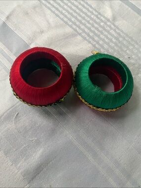 Festive Red and Green Silk-Wrapped Hoop Earrings with Gold Braid